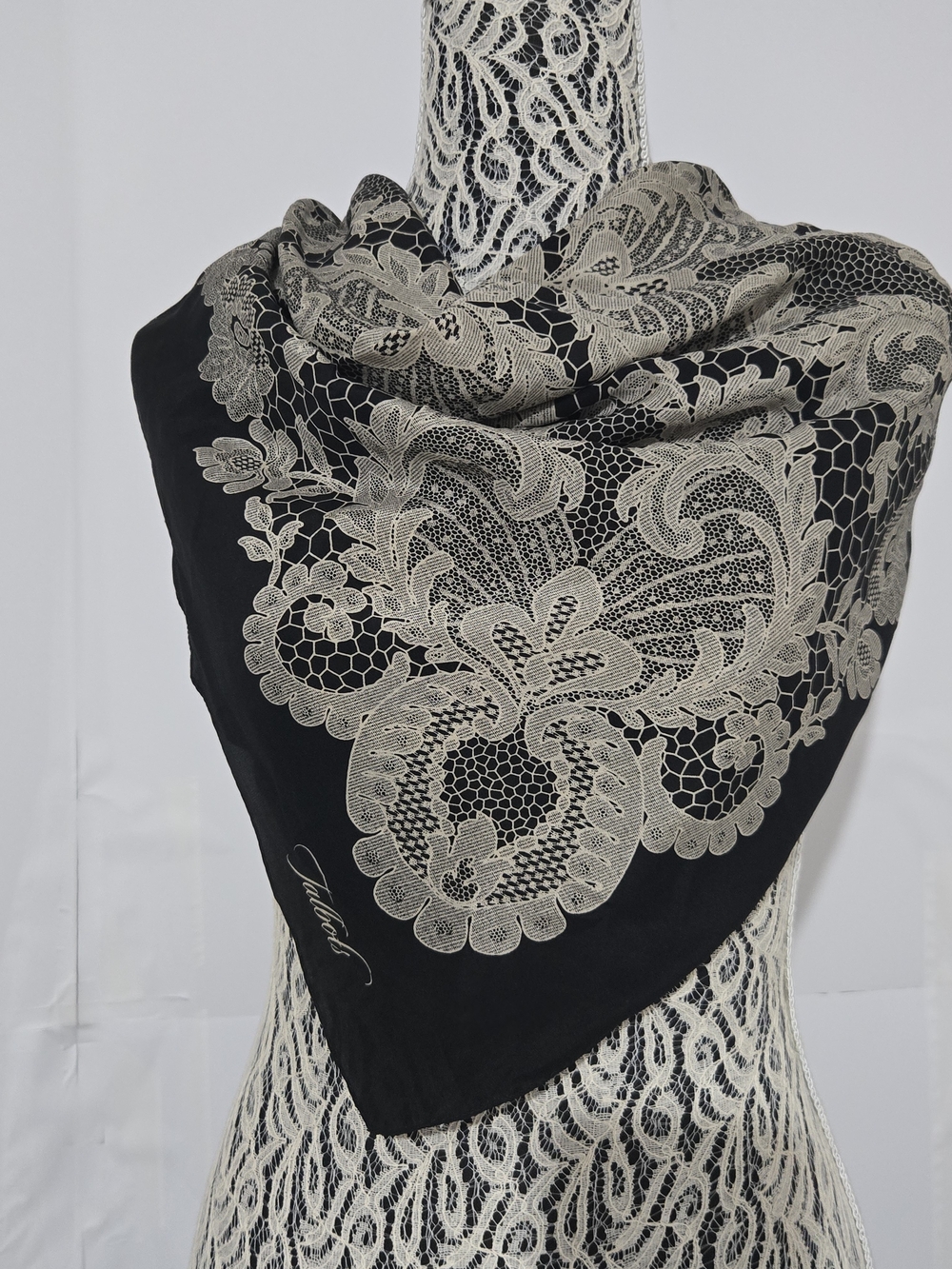 Talbots Black Scarf with Cream Lace-Style Print